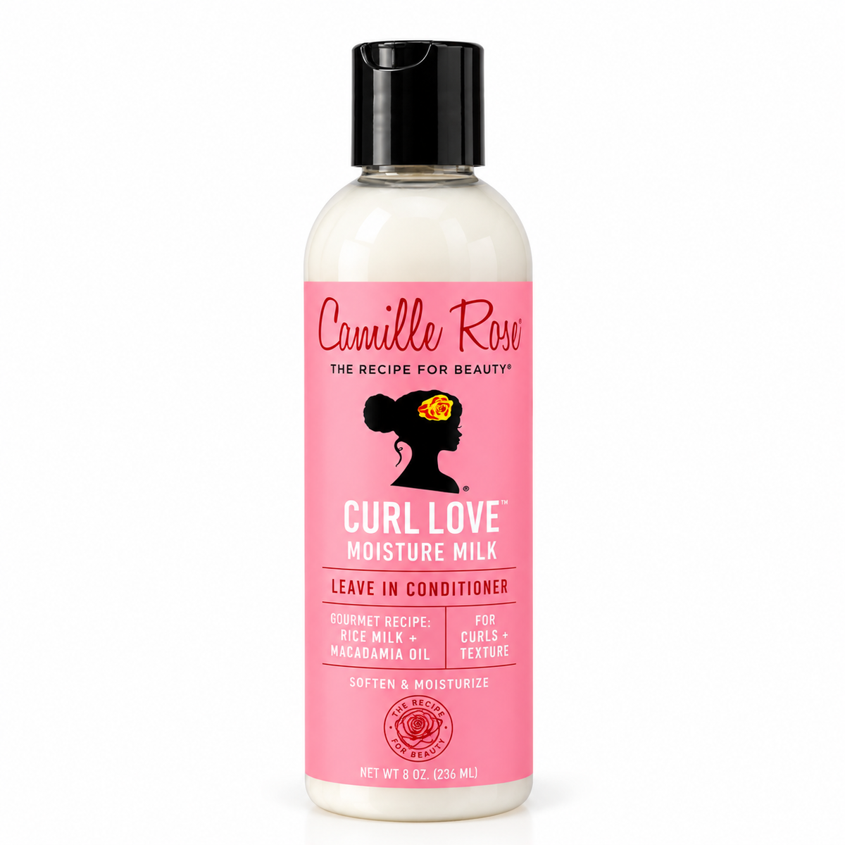 Camille Rose Curl Love Moisture Milk 236ml bottle balanced on square white background