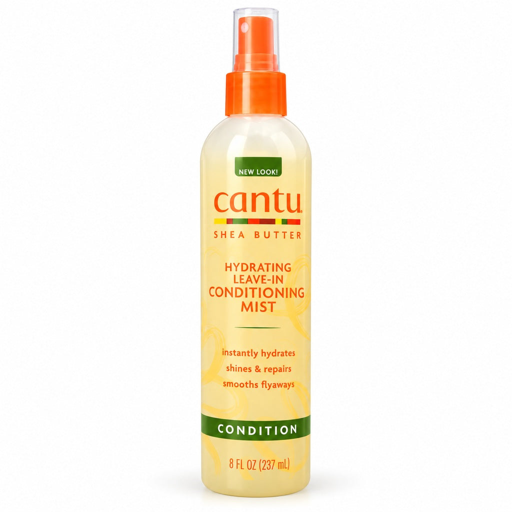 Cantu Shea Butter Hydrating Leave-In Conditioning Mist 237ml spray bottle, front view with orange pump and green CONDITION band