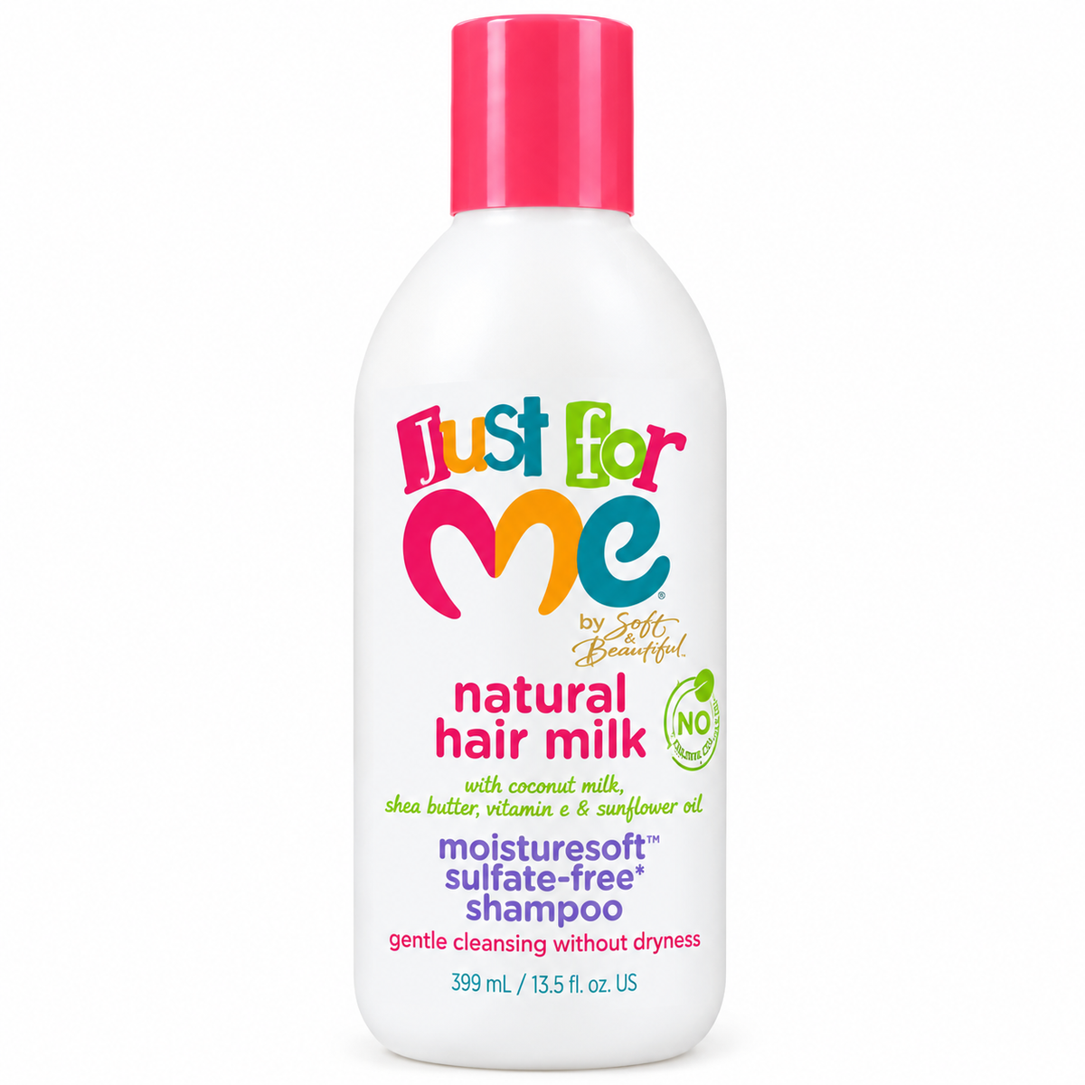 Just For Me Natural Hair Milk MoistureSoft Sulfate-Free Shampoo 399ml white bottle pink cap