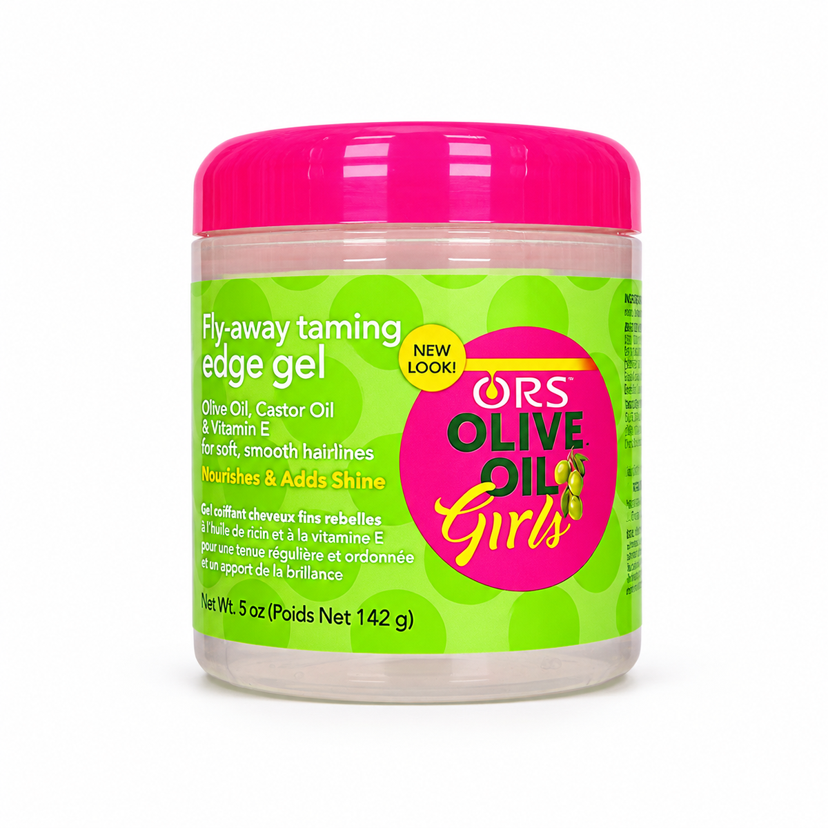 ORS Olive Oil Girls Fly-Away Taming Edge Gel 142g jar with pink lid on white background