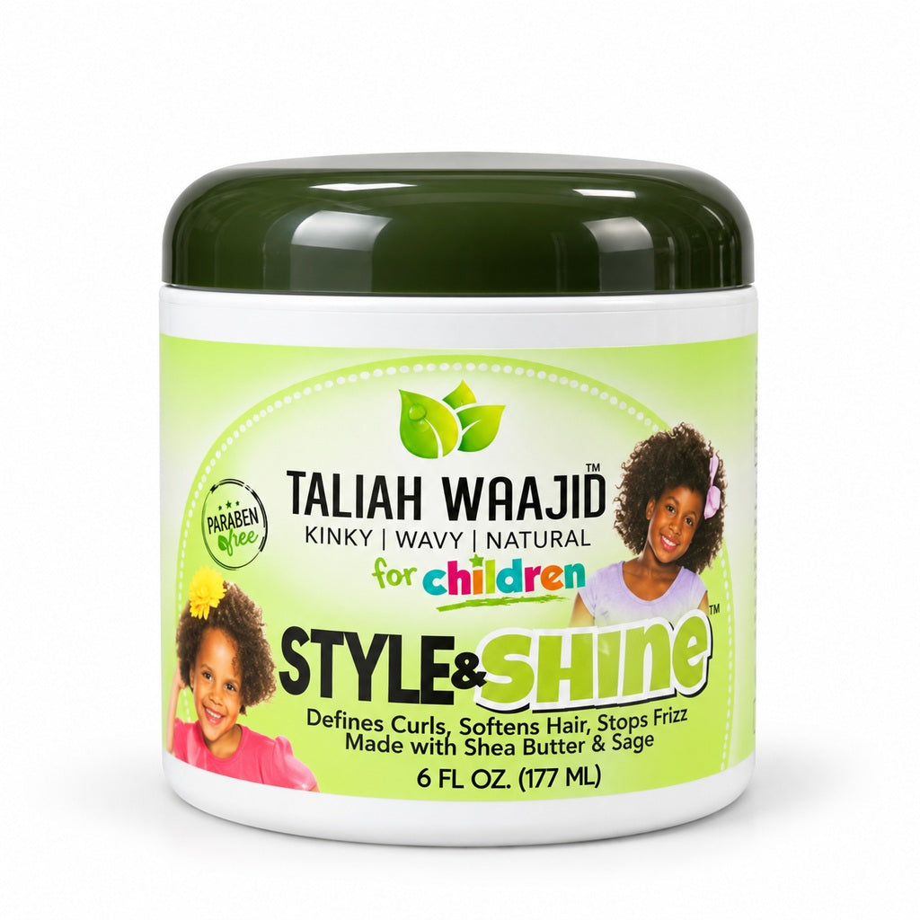 Taliah Waajid for Children Style & Shine 177ml styling cream jar, green label and dark lid, front view